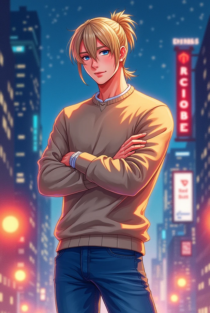 Watercolor style. Best quality. Professional drawing. Handsome, cute guy, 1. Medium length light straight hair tied into a ponytail at the back of the head. arms crossed over his chest. Standing against the background of the city at night. Dressed in fashionable jeans and a sweater. Behind the back is a sign saying Red Cube