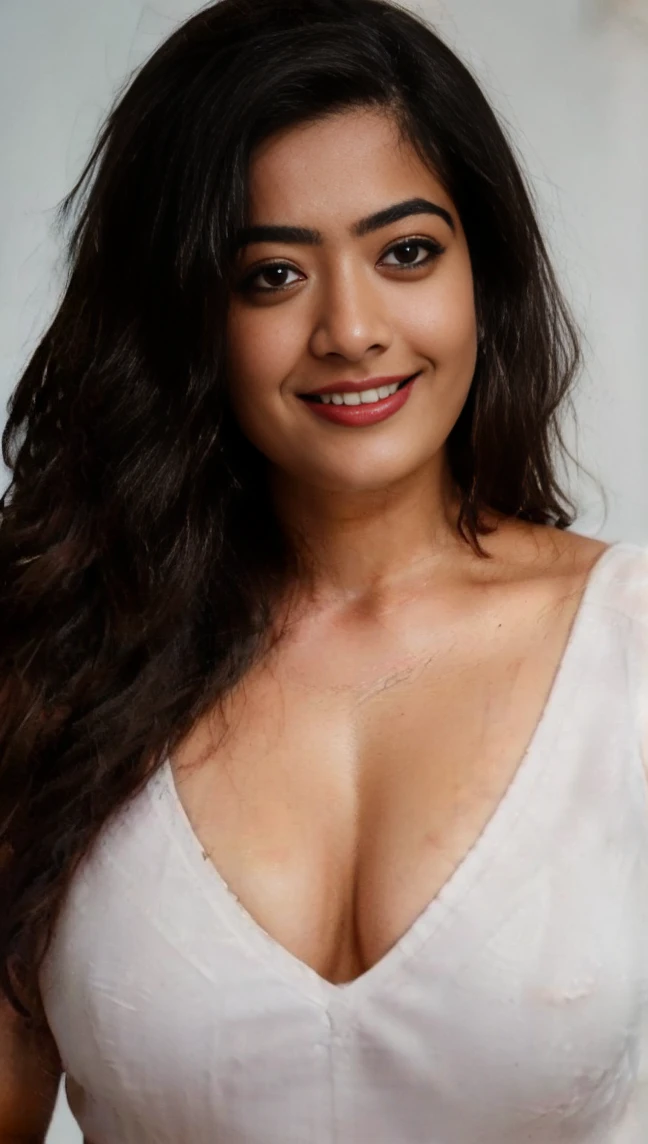 extreme close up photo of 30 years old naked rashmika, hourglass figure, swooping breasts, deep cleavage, curvy, armpits, seductive eyes, ass, look at viewer lusciously, subtle smile, white open shirt, big ,erotic standing with wide open spread legs, red lips, sultry, loose wavy hair, 4K, HD, big curvy ass, brown nipples, white open shirt, no clothes