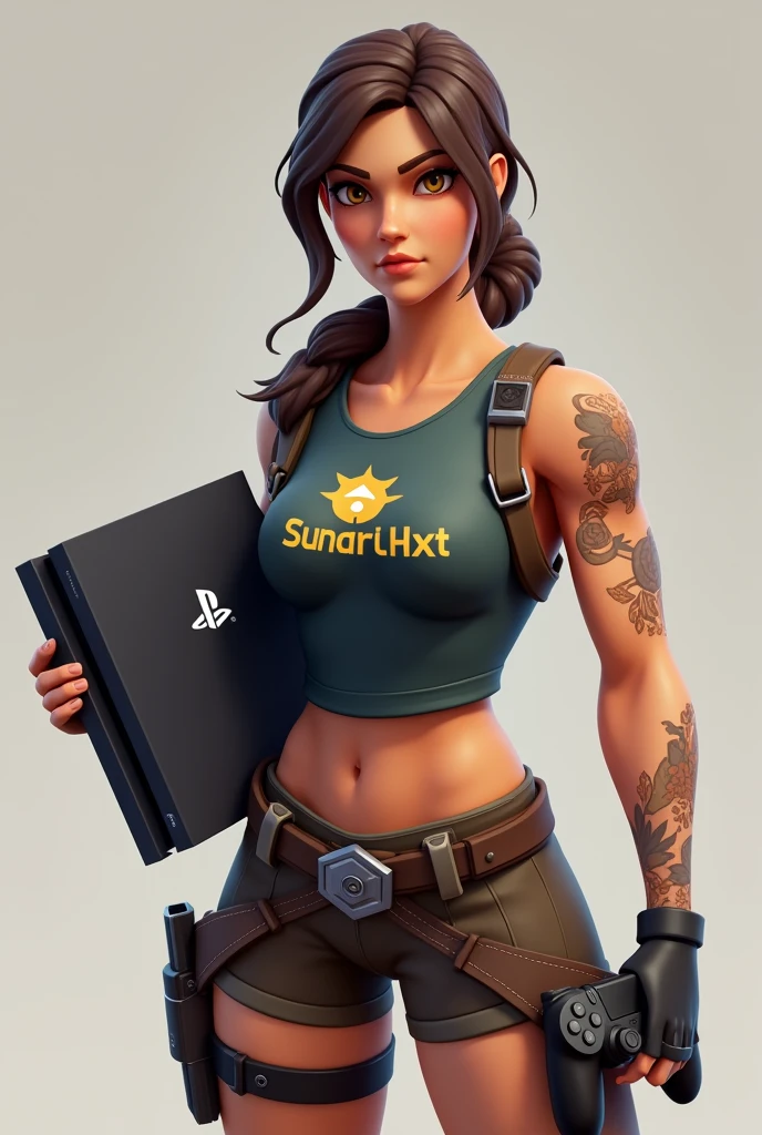 Lara croft skin from fortnite with a ps4 and controller in her hand and on her shirt must be suna_hxt stand