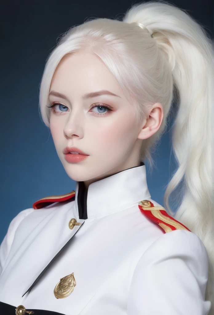 porcelain skinned woman, hair gathered in a ponytail, thin blonde eyebrows, White hair, very light blue eyes, small, upturned nose, almond eyes, traje tactico military negro, beautiful albino woman, fluffy lips y rosados, fluffy lips, military, fine features.