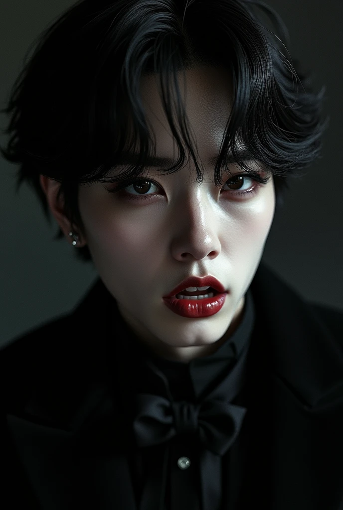 a vampire kim taehyung, beautiful detailed eyes, beautiful detailed lips, extremely detailed eyes and face, long eyelashes, pale skin, dark eyeshadow, sharp fangs, gothic fashion, dark moody atmosphere, dramatic lighting, cinematic, dramatic, chiaroscuro, dark fantasy, intricate details, 8k, highly detailed, photorealistic, masterpiece