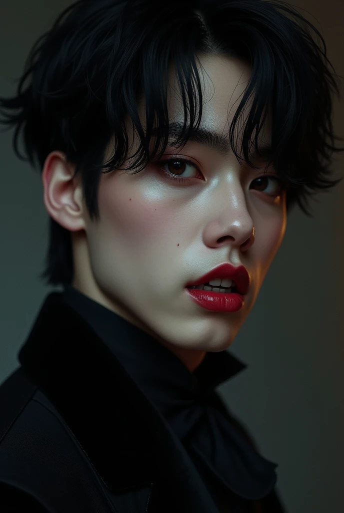a vampire kim taehyung, beautiful detailed eyes, beautiful detailed lips, extremely detailed eyes and face, long eyelashes, pale skin, dark eyeshadow, sharp fangs, gothic fashion, dark moody atmosphere, dramatic lighting, cinematic, dramatic, chiaroscuro, dark fantasy, intricate details, 8k, highly detailed, photorealistic, masterpiece