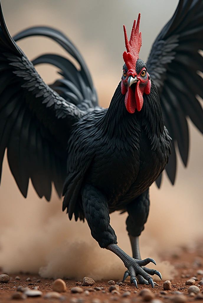 An image that describes a fighting cock with jet black feathers, intense eyes and sharp beak, lunges forward in a ferocious attack. His muscles are tense and his wings are spread out., creating a sense of movement and power. Just try to remove the palaches or red things that hang from the rooster's beak.