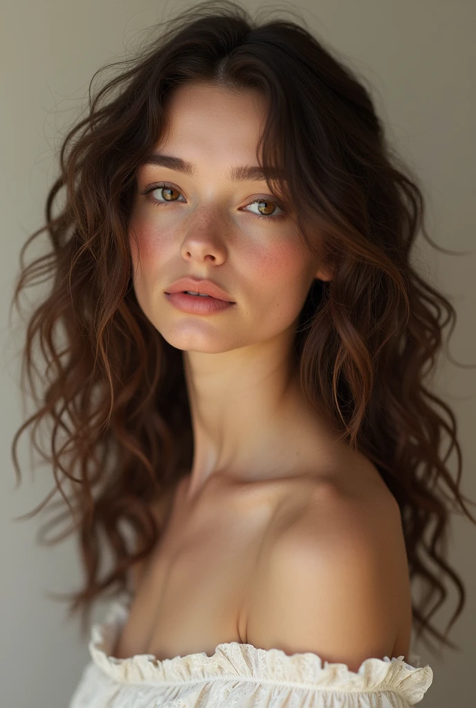 Girl with brown eyes and curly brown hair and long but not too long and white 