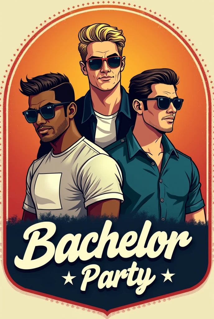 retro logo bachelor party, three guys with sun glasses, with the text "eliot, posh & yisus". One guy with brown skin and squared shirt, one tall white blond skinny guy, and one mexican guy
