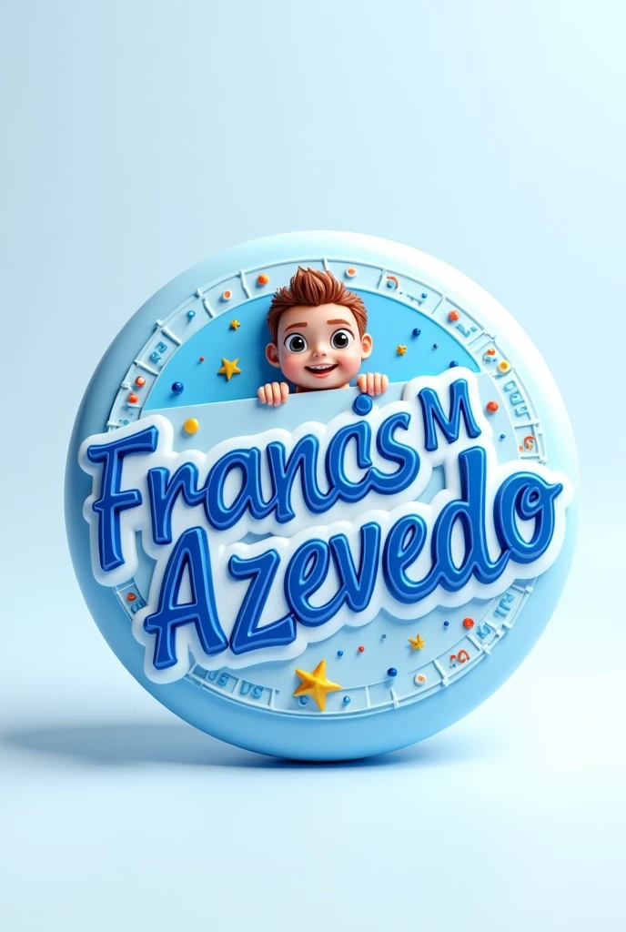 creates an image of a badge with blue or white tones, in which it is written in a centered manner "Francisco M. Azevedo", with a cartoon character next to the name, remember that this badge must be made on a 2D plane and ready to be printed!, the badge must also be circular, make a more different and eye-catching text
