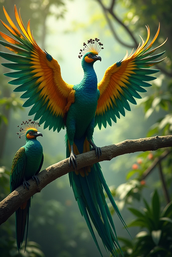 a male bird of paradise spreading its wings from a branch to fly,female bird of paradise next to male bird,using colors that personify the forest,with close-up perspective.brighter colors