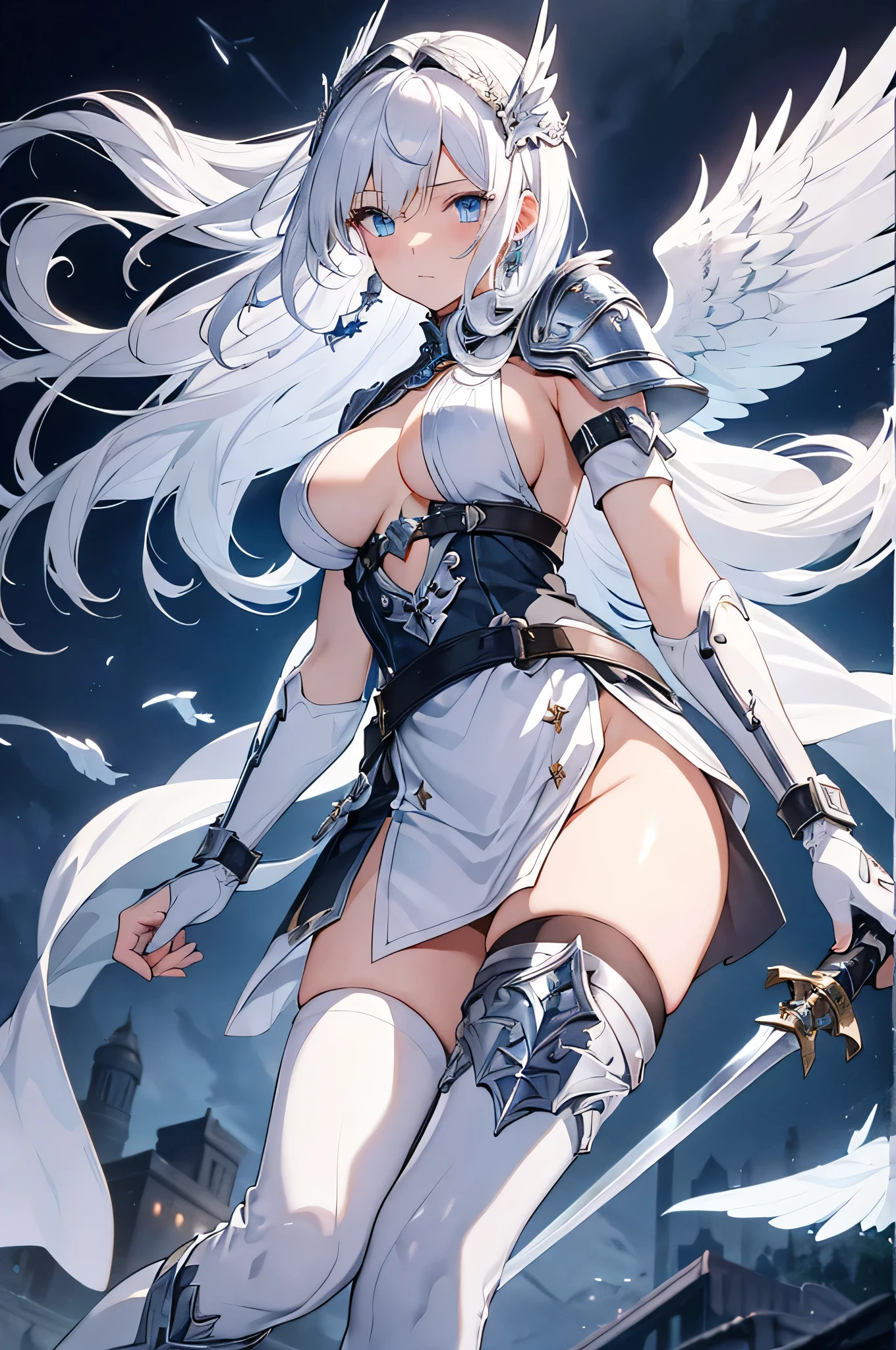 4K,High resolution,One Woman,White Hair,long hair,Blue Eyes,Valkyrie,Silver Sacred Armor,Sideboob,Silver Long Boots,Silver Gloves,Winged headgear,Jewelry decoration,Holy Sword,Temple in the Sky