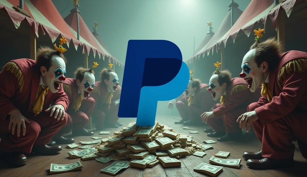 PayPal logo in a circus setting with clowns, money laundering and corruption