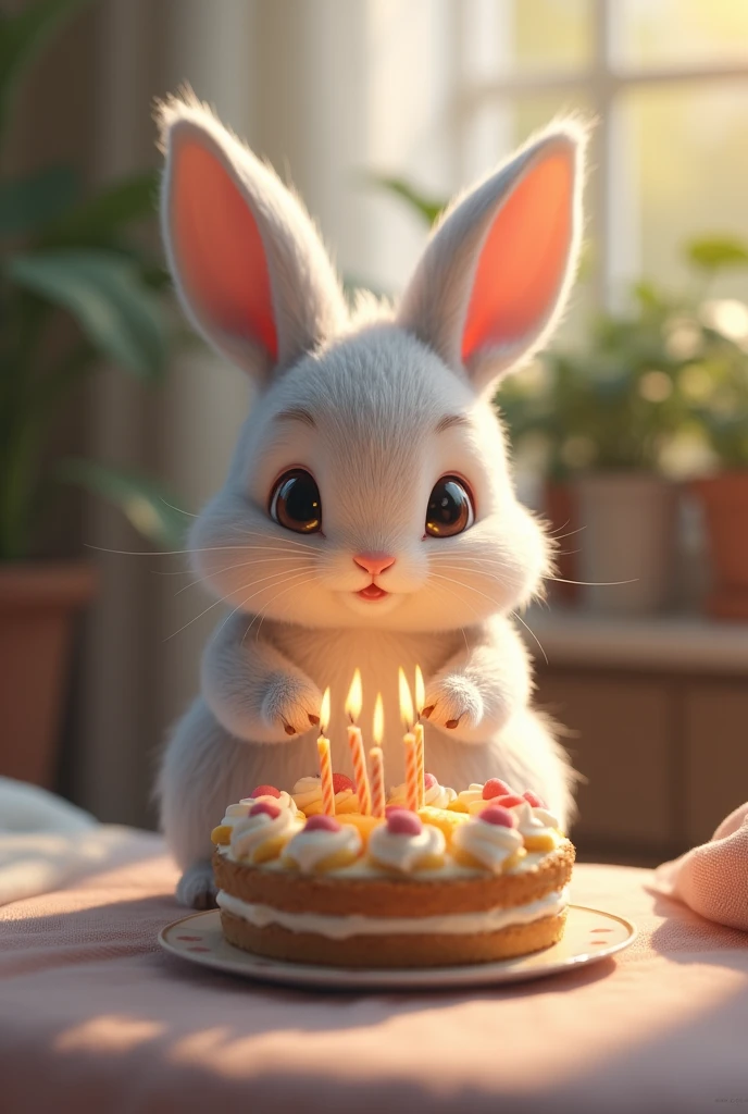 LIGHT LEAD COLORED BUNNY WITH HIS  BIRTHDAY CAKE