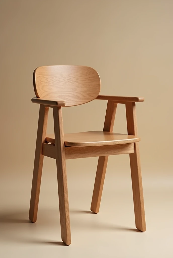 The chair will be made of brown pine wood., ideal for interiors, with a comfortable and ergonomic design. The rear legs will have a greater angle for more stability., and the front ones will maintain a lower inclination. The backrest will be high for better back support., This chair will have armrests. Although light, The structure will be reinforced to support weight, and its height will be suitable for raised tables.