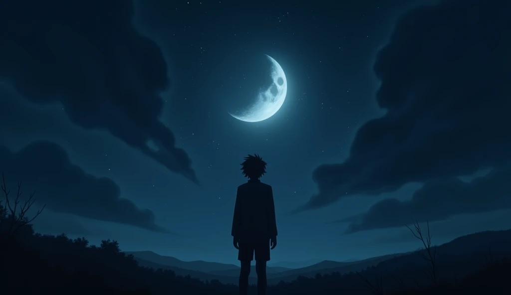 A dramatic, high-resolution image of a night sky with a partially obscured moon. The atmosphere is charged with anticipation, with a silhouette of a person gazing upwards, contemplating the cosmic event. The scene is set in a tranquil outdoor setting with dark, velvety skies and a hint of stars. --ar 16:9