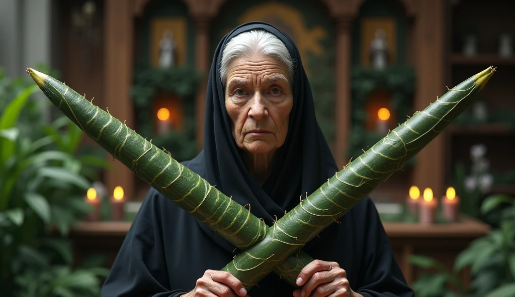 Elderly woman healer with a serious and firm face, transmitting a lot of firmness, ultra realistic image with two long plants in the shape of thin spears, crossing like an x in front of your chest. The plant is green with horizontal stripes of medium light green and dark green throughout its length., with slightly yellowed edges. In the background, a wall with plants and a large shelf with Catholic saints and several lit candles.. convey depth
