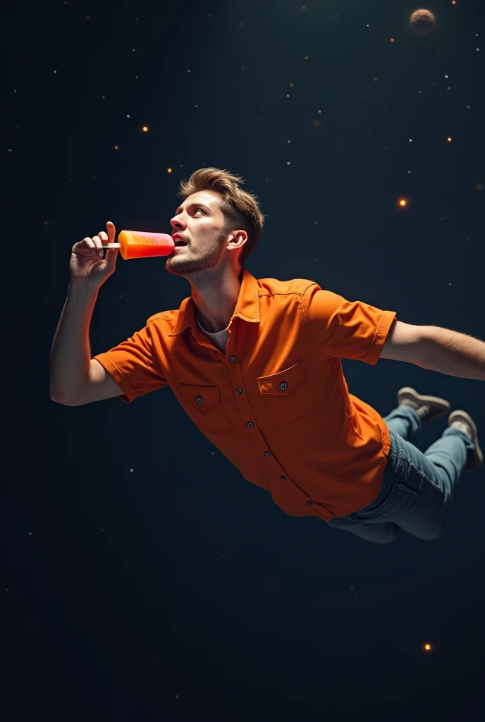 A man in an orange shirt eating a popsicle in the middle of space