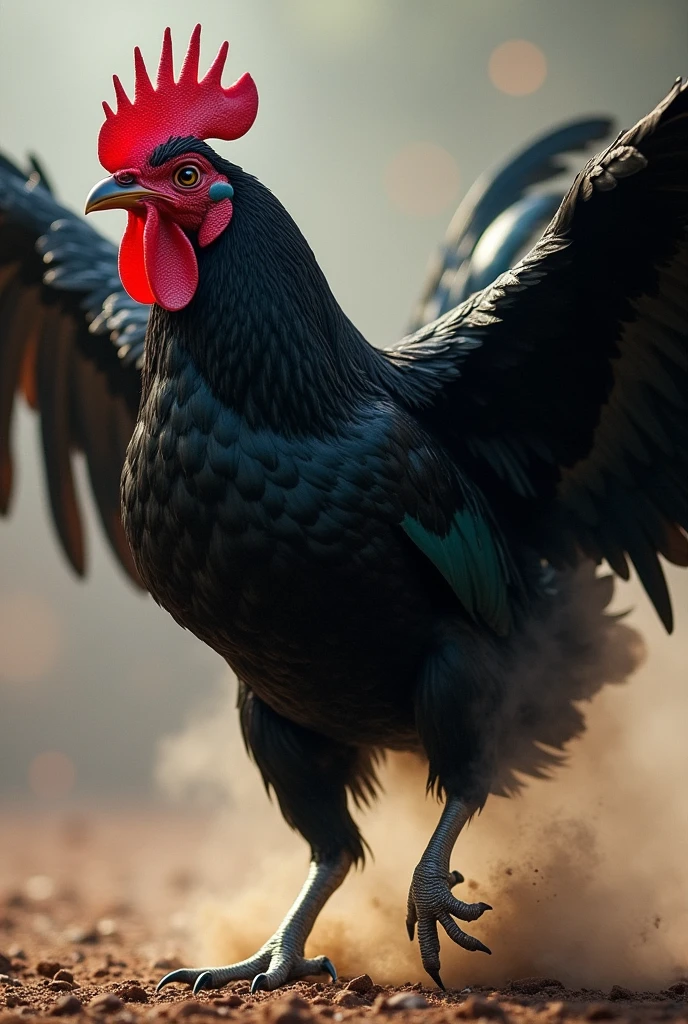 An image that describes a fighting cock with jet black feathers, intense eyes and sharp beak, lunges forward in a ferocious attack. His muscles are tense and his wings are spread out., creating a sense of movement and power. Just try to remove the palaches or red things that hang from the rooster's beak.