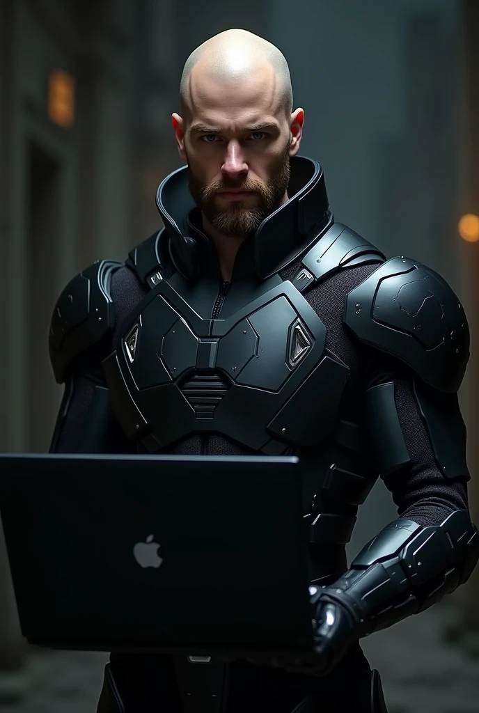 Young bald man with short brown beard, Caucasian wearing black armor and holding a laptop in his hand
