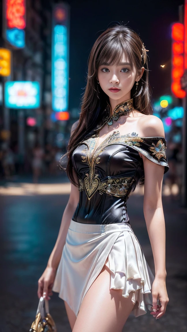 Realistic (photorealistic realism, High resolution, masterpiece:1.2), Beautiful girls with perfect figures dressed in nice clothes, Made from available materials ((silk), (canvas, Nylon), (ラテックスrace), ((raceの)), leather, ((jewelry)), (embroidery), (clear Sharp focus, not blurry, Realistic brown_eye), Realistic skin texture, Super detailed, shiny hair and skin, (I encourage you to choose the right background for your phenomenally drawn creation), ((experiment, Combining Complexes, multilayer material)), Attention to detail, double eyelid, Wear off-the-shoulder tops, Full Body Lesbian, And if you want, You are standing, (Buckshot), raceの, race, High Contrast, Calm colors, Long legs, Medium sized butt, ((Fantasy Style)), (Layered Cut: 1.35), ((Light-colored clothing)), ((no_panties)), ((Exposing your thighs)), (erotic:1.4), ((black silken skirt, (Small skirt:1.27), no_panties, Curvy)), (Look to the side, look up, Looking down, Random Expressions), (rich including decorative embroideryy:1.21), (赤いエピックrace:1.22), (Sharp focus), ((Spectacular bodysuit with extremely elaborate design:1.22)), ((city night), (Neon Signs), (night),