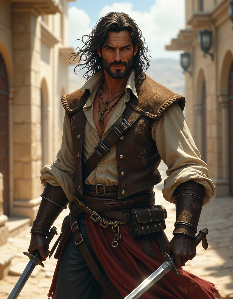 1man swashbuckler fantasy duelist rogue medieval mediteranean raggedclothes dualwielding righhandrapier lefthanddagger smirking cocky