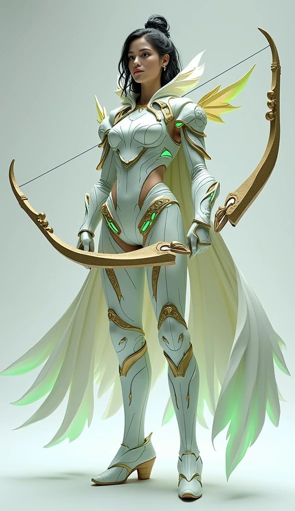 Generate a 4K, ultra-realistic image of a swift and agile warrior from Nova Aeterna, fully visible standing from head to toe. This warrior is dressed in light, flexible armor that combines advanced materials with ancient design elements, featuring a flowing cloak that billows with movement. The armor is accented with gold trims and glowing green energy, and the warrior wields a bow with arrows made of pure energy. The background is light gray, providing contrast to the warrior’s swift and graceful appearance.