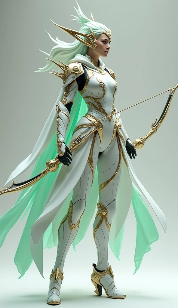 Generate a 4K, ultra-realistic image of a swift and agile warrior from Nova Aeterna, fully visible standing from head to toe. This warrior is dressed in light, flexible armor that combines advanced materials with ancient design elements, featuring a flowing cloak that billows with movement. The armor is accented with gold trims and glowing green energy, and the warrior wields a bow with arrows made of pure energy. The background is light gray, providing contrast to the warrior’s swift and graceful appearance.