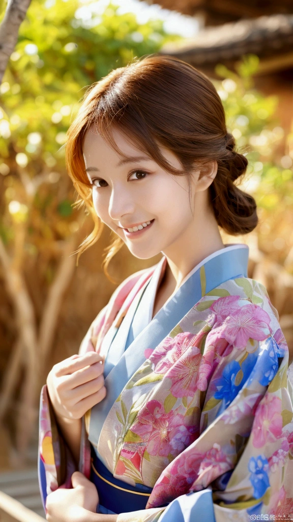 smile, Okinawa, Ryukyu, front, 最high quality、high quality、Best image quality、8k、最High resolution、High resolution、Realistic photos, Healthy body, Beautiful Eyes, flowing brown hair, Colorful kimono, Calm expression, Soft lighting, Traditional Japanese art style, Vibrant colors, Peaceful atmosphere, Delicate features, Graceful posture, Beautiful Landscape, 1