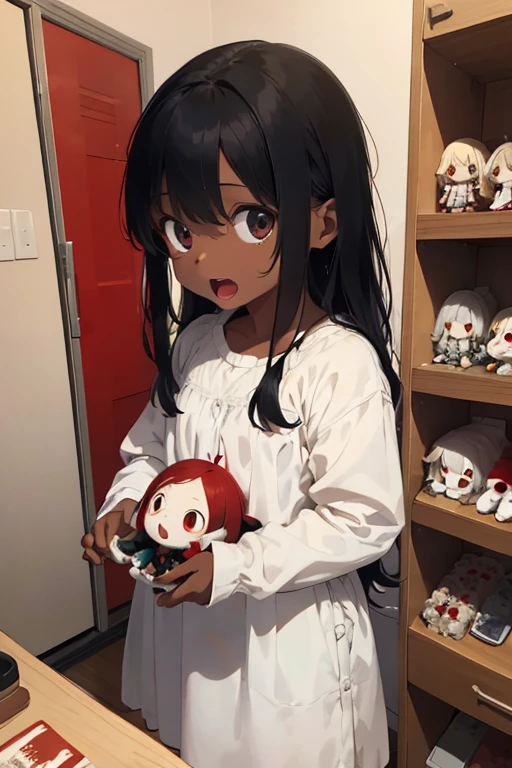 1 female, darker skin, white long hair, red long sleeve dress, as a , child, black eyes, doll store, all the dolls, playing doll, open mouth, happy face, knife in the hand, kitchen