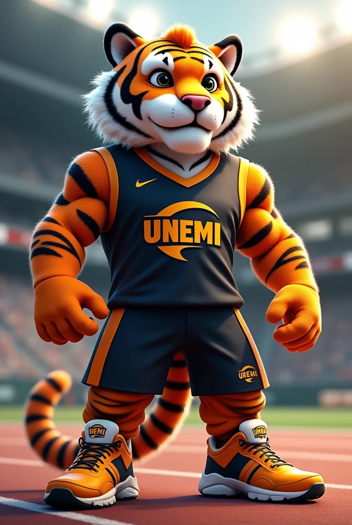 Give me an image of a somewhat tender-looking but tall tiger in orange and black for a university mascot and that wears sportswear that says UNEMI and shoes of the same color tone.