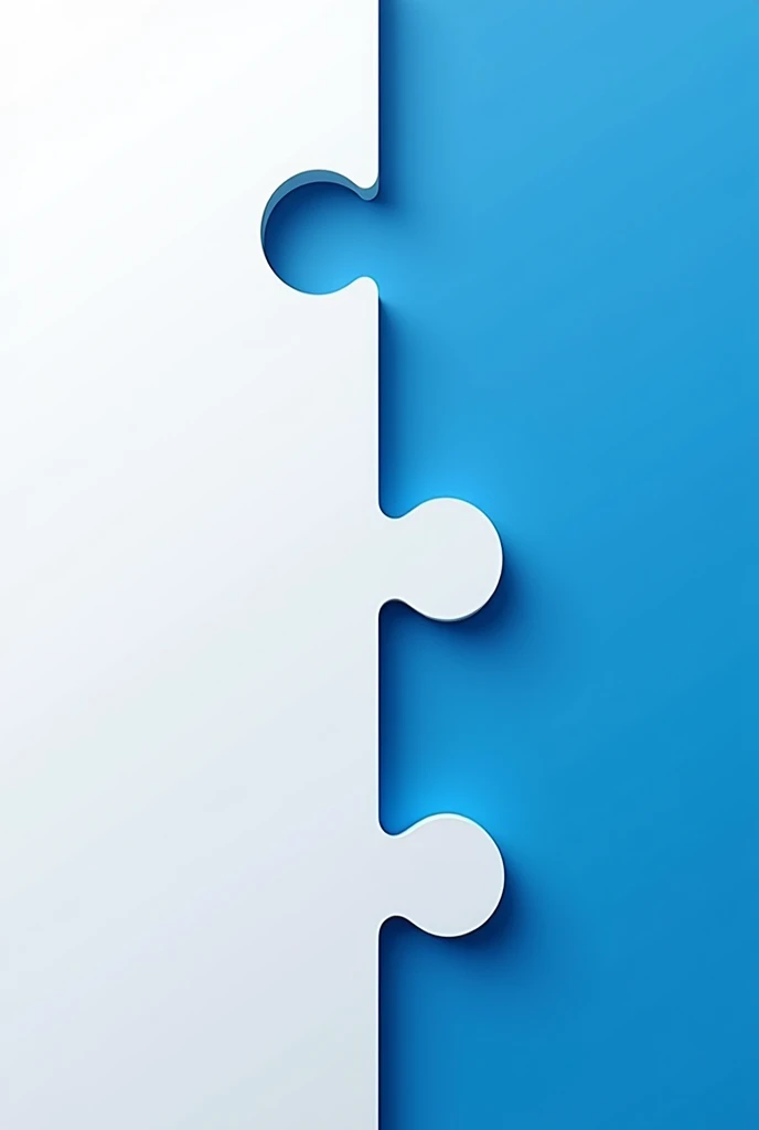 An image with half of it white and half of it blue, in the white part it must be composed of puzzle pieces with one piece missing . The blue part must not contain a white piece that is the complement of the puzzle.