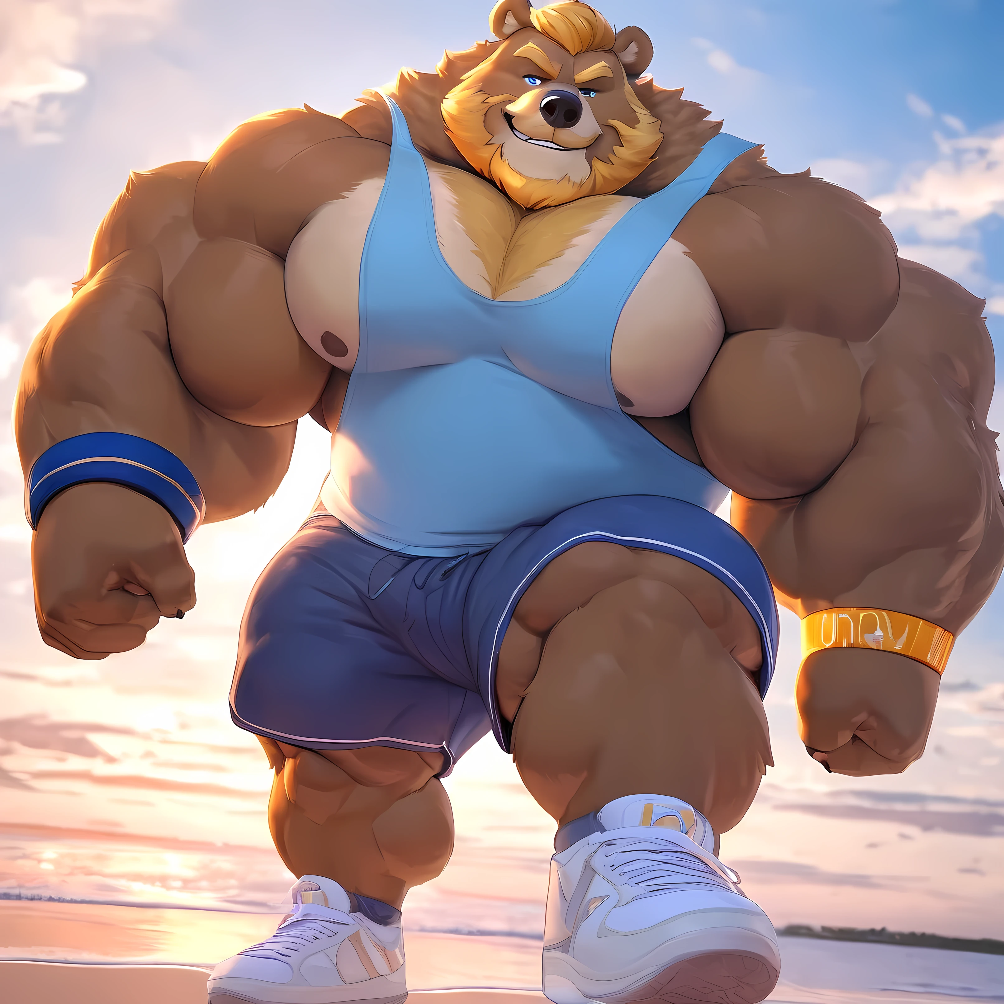 huge muscular Eurasian brown bear in St. Petersburg beach, big smirk, light Eurasian bear, huge light brown fur, thick arm, huge arm, golden mustache, short Golden hair and beard, (muscular, pectoral, wide pectoral, thick arms), 8k, masterpiece, detailed golden eyebrows, detailed eyes with blue pupils, (wearing dark blue shorts, wristbands, light blue tank top and white shoes), bouncing his pecs like a drum