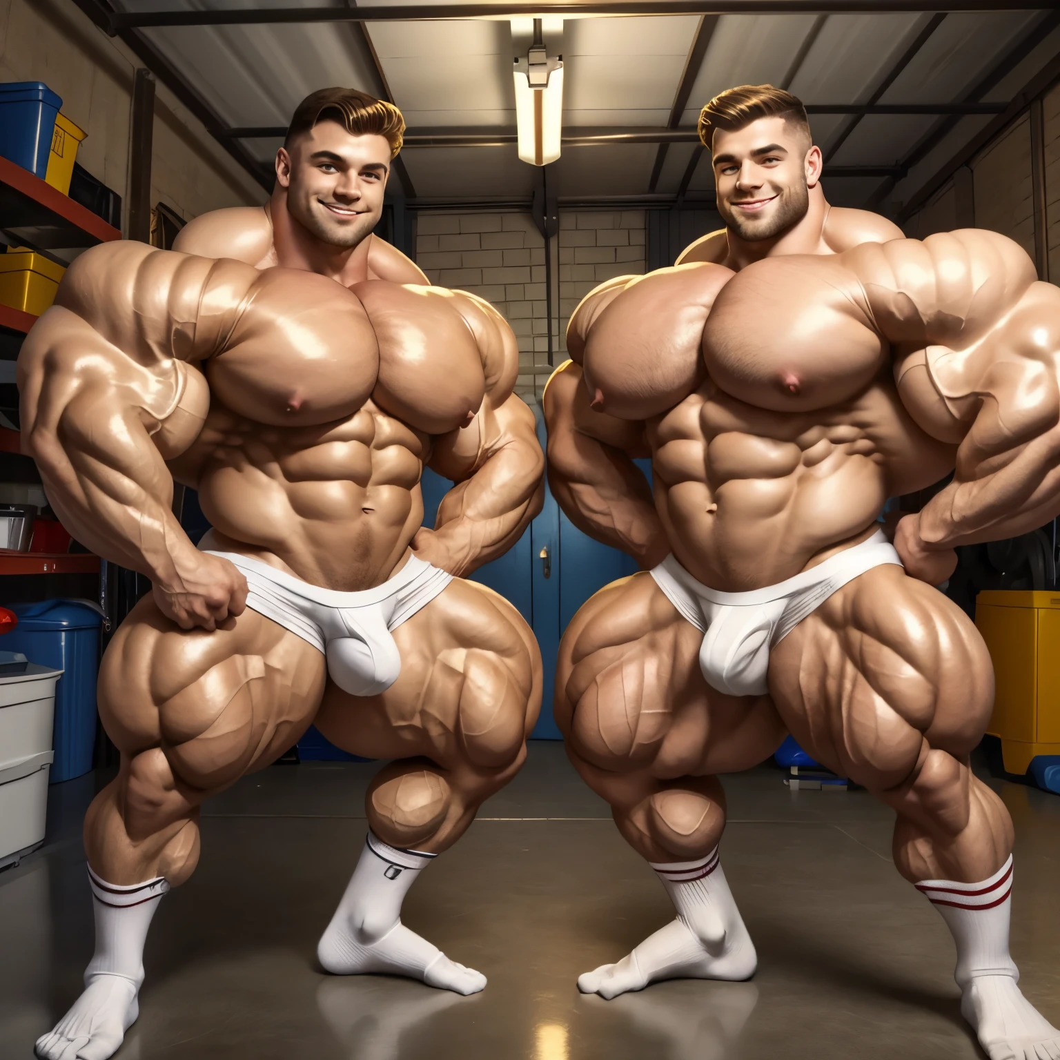 photo of 2 different white european bodybuilders cute handsome teen kids flexing their arms in a front double biceps pose. Shirtless wearing white underwear and white socks, no shoes. In a garage. Handsome. Slightly smiling. 1950 styled scene. Wide muscled shoulders. Thick pumped pecs. Pierced nipples with gold rings and chains. Huge extremely over-sized big bulbous biceps. Admiring each others enormous muscles. pecs and bulges are deeply touching, their nice white thin socks must be seen