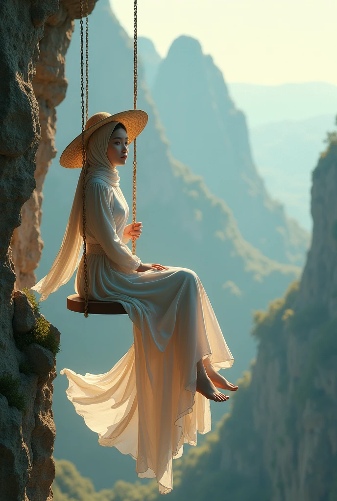 A asian woman with long hijab flowing wearing long floral dress calm, wearing large hat, playing on a swing on the edge of a scary cliff, face Smilling looking at the camera