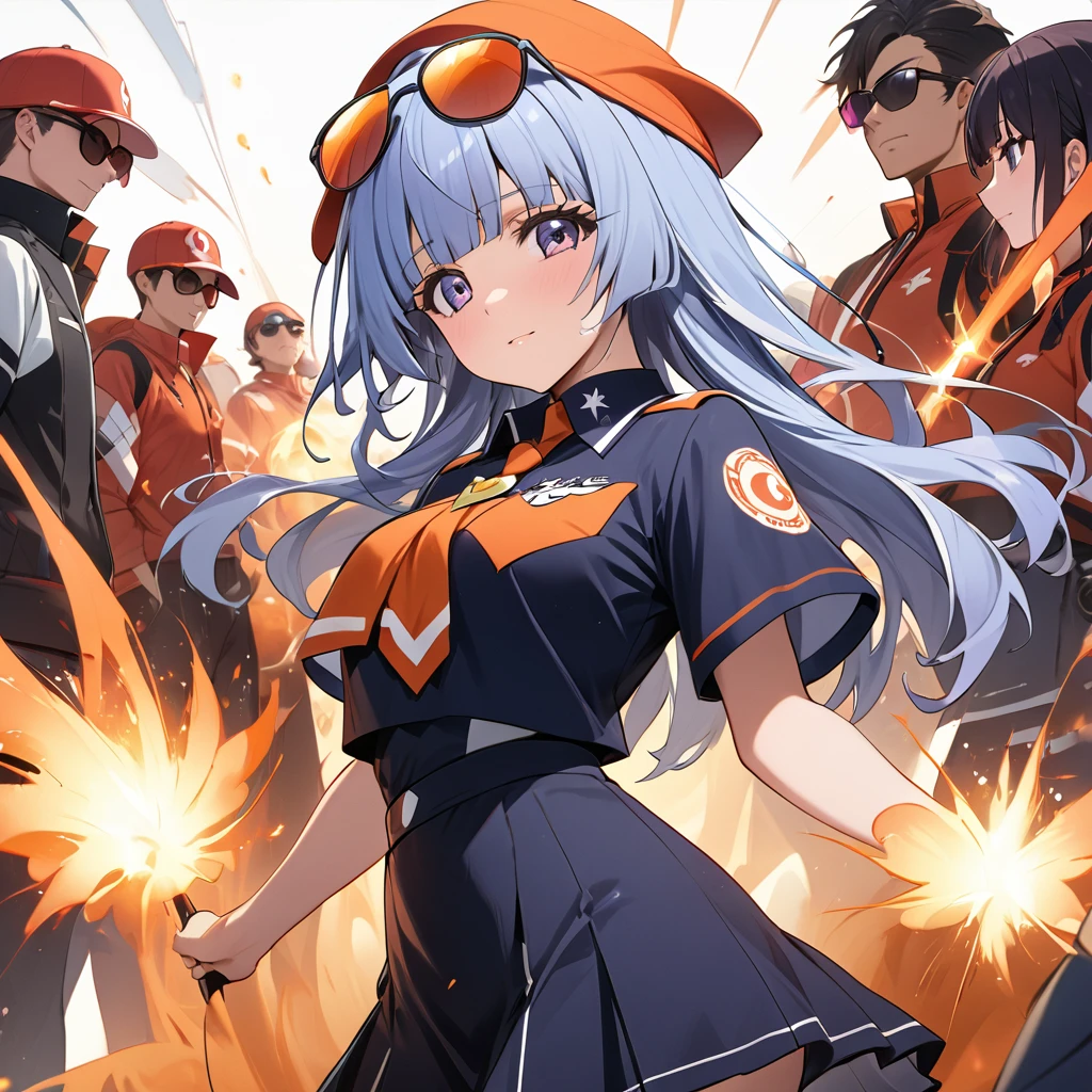 ((Highest quality)), ((masterpiece)), (detailed), （Perfect Face）、The woman is Reika Aoki, a member of the Flare Gang, with semi-long hair.、The woman is a loyal Team Flare underling who wears a Team Flare underling outfit, has a Team Flare hairstyle, and wears Team Flare tinted sunglasses.、The woman works for the leader of Team Flare.