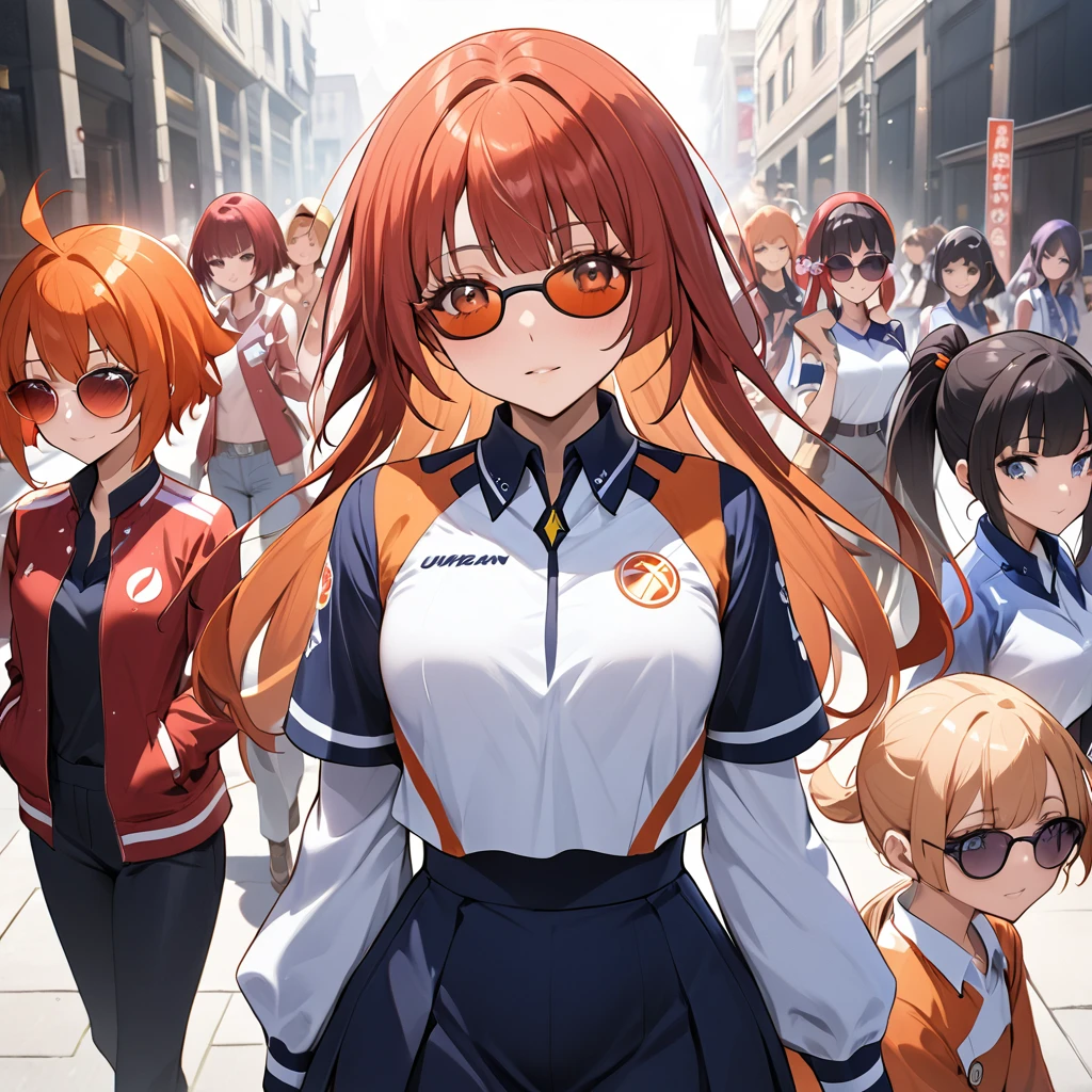 ((Highest quality)), ((masterpiece)), (detailed), (Perfect Face)、The woman is Reika Aoki, a member of the Flare Gang, with semi-long hair.、The woman is a loyal Team Flare underling who wears a Team Flare underling outfit, has a Team Flare hairstyle, and wears Team Flare tinted sunglasses.、The woman works for the leader of Team Flare.