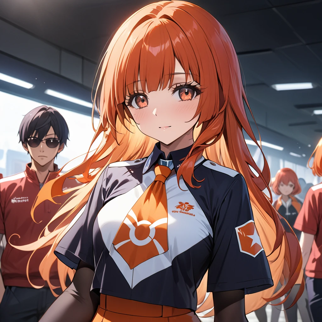 ((Highest quality)), ((masterpiece)), (detailed), (Perfect Face)、The woman is Reika Aoki, a member of the Flare Gang, with semi-long hair.、The woman is a loyal Team Flare underling who wears a Team Flare underling outfit, has a Team Flare hairstyle, and wears Team Flare tinted sunglasses.、The woman works for the leader of Team Flare.