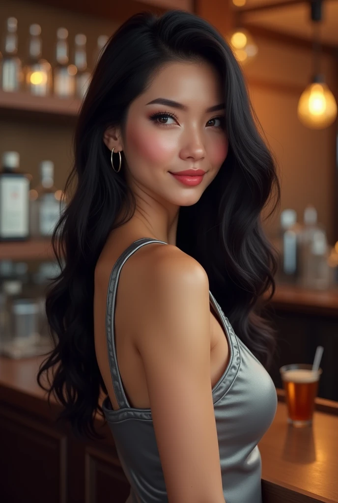 Create an image of a woman with long, straight black hair wearing a silver sleeveless top. She is smiling slightly while looking over her shoulder towards the viewer. The setting is a cozy bar or restaurant, with soft, warm lighting and a blurred background featuring glasses and bottles. The woman has a confident and friendly expression.