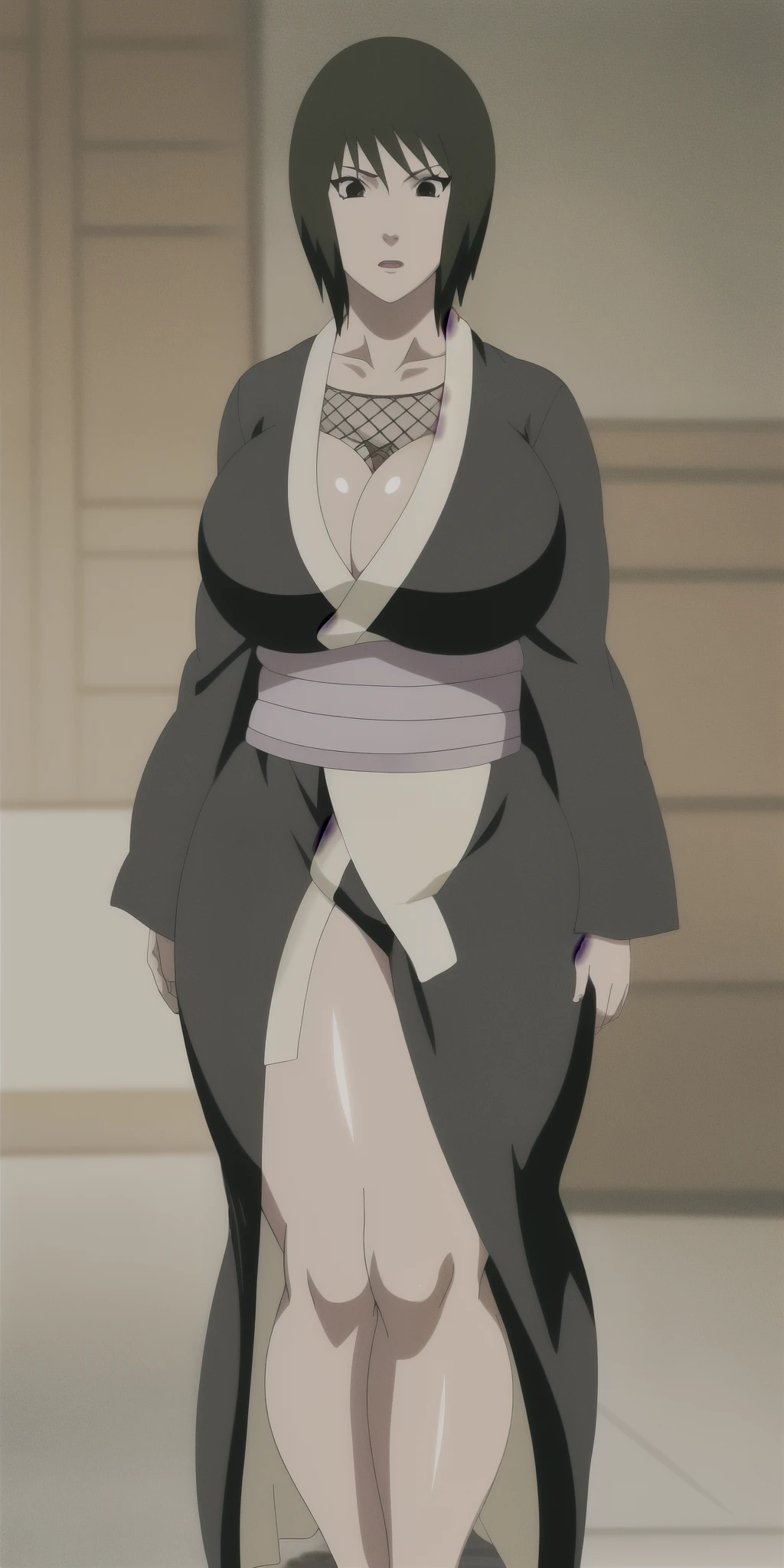 shizune_naruto, huge_breasts, standing, solo, Black_Kimono_Obi_Fishnet_top, masterpiece, best quality, vibrant colors, detailed face, detailed eyes, highres, big breasts, big ass, thick thighs, wide hips, cleavage,