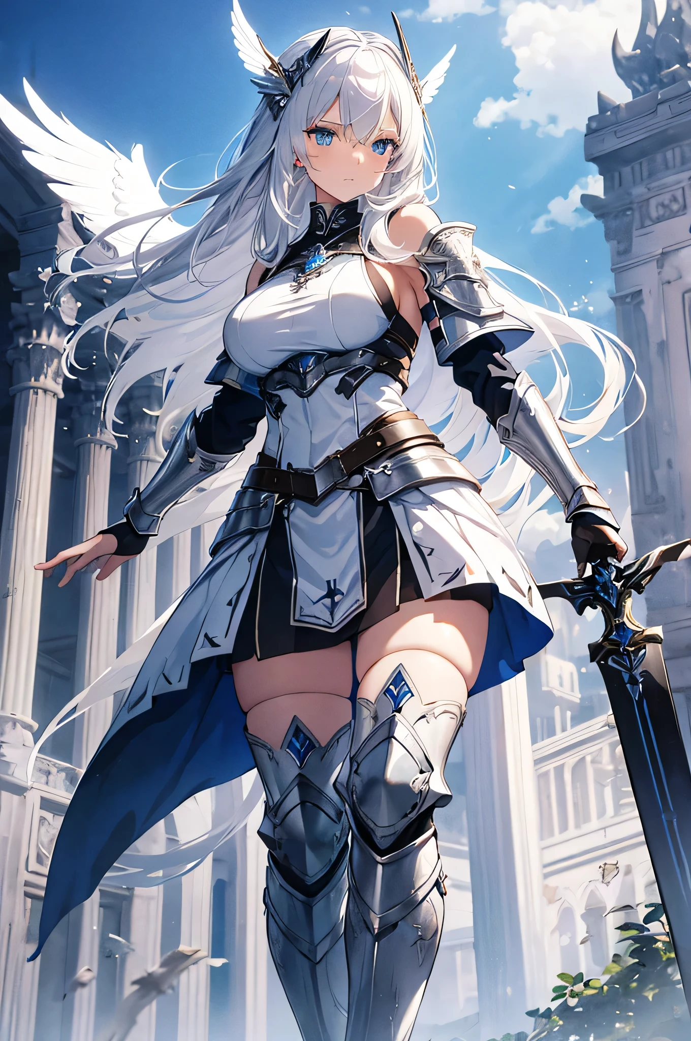 4K,High resolution,One Woman,White Hair,long hair,Blue Eyes,Valkyrie,Silver Sacred Armor,Heavy Armor,Sideboob,Silver Long Boots,Silver Gloves,Winged headgear,Jewelry decoration,Holy Sword,Temple in the Sky