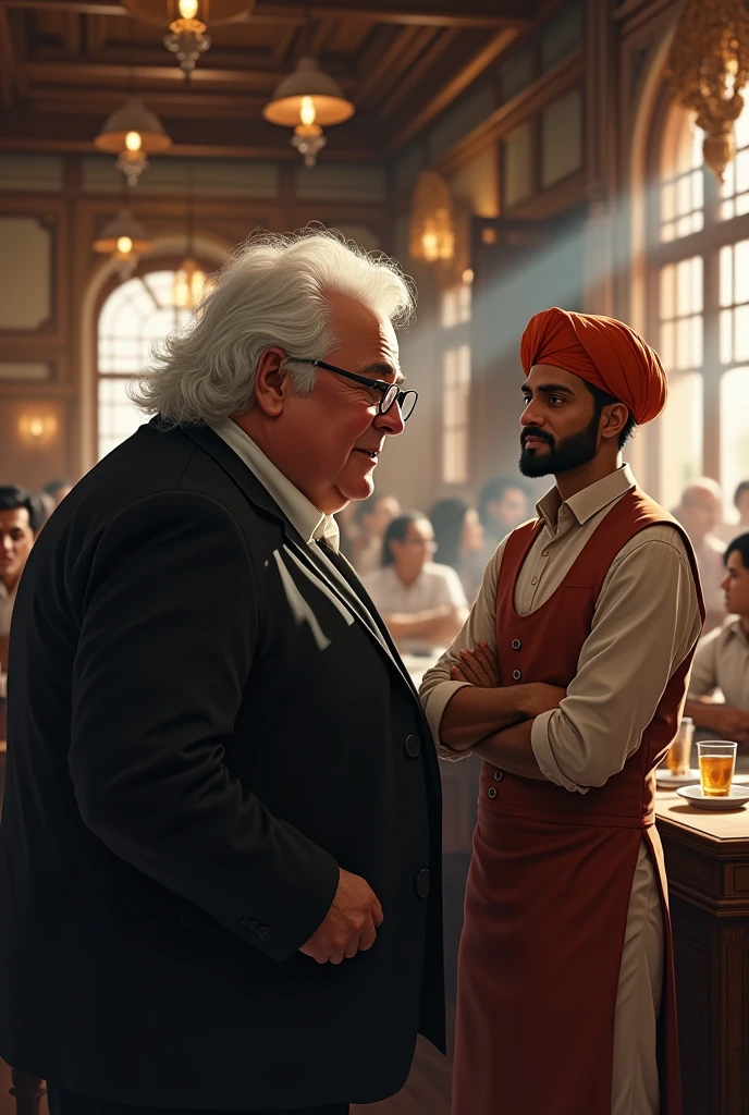 One restaurant there is a old guy little fat and short with white small hair pair of Glass with black suit. Tolkien to a indian waiter.