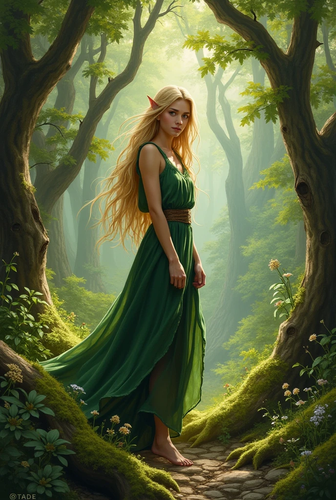 One Young Cute Elf Woman, Blonde Hair, Green Torn Clothes, Nature, Green Theme, Overgrown Forest, Medieval, (Best Quality, High Definition, Extreme Detail, Outstanding Composition, Masterpiece:1.4), (Oil Painting:1.2), ( in the style of Nicola Samori:1.5)