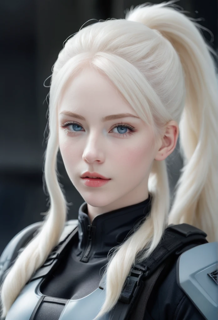 porcelain skinned woman, hair gathered in a ponytail, thin blonde eyebrows, White hair, very light blue eyes, small, upturned nose, almond eyes, black military tactical suit, beautiful albino woman, fluffy lips y rosados, fluffy lips, military special forces, fine features.
