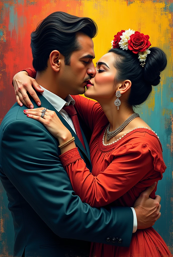Frida Kahlo and Diego Rivera hugging each other Use bright and striking colors