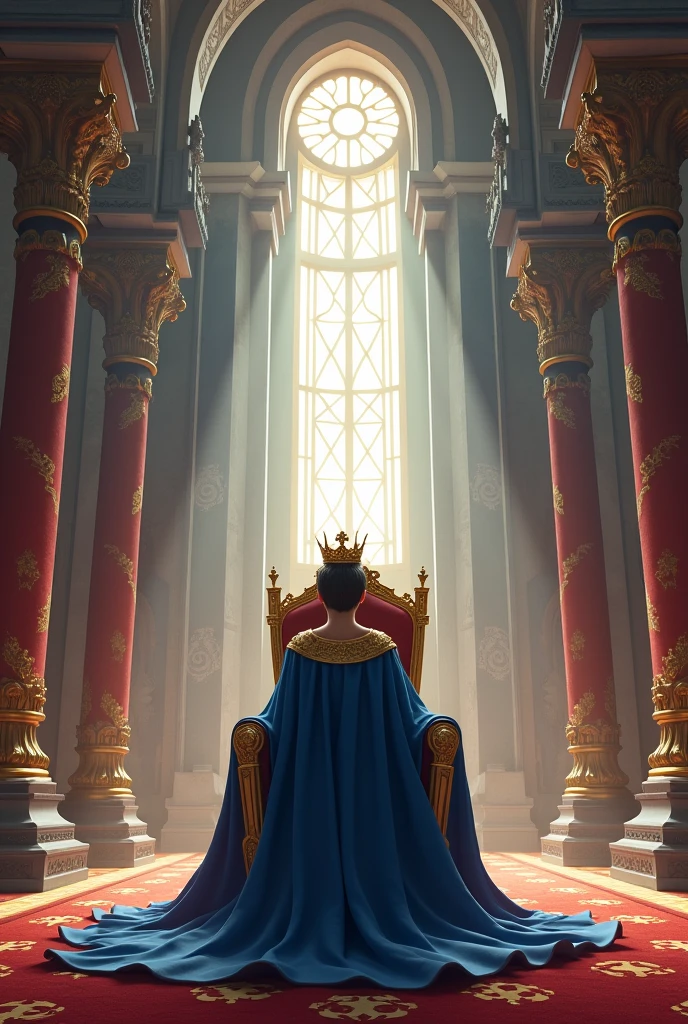 Young King sitting on the throne in a beautiful castle wearing a blue outfit, view from the hall