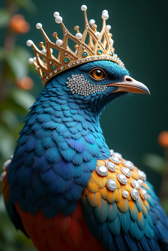 A very beautiful colourful 4K bird which is chirping and speaking, its feathers are studded with diamonds and pearls. On its head is a crown of gold, silver and diamonds and pearls.
