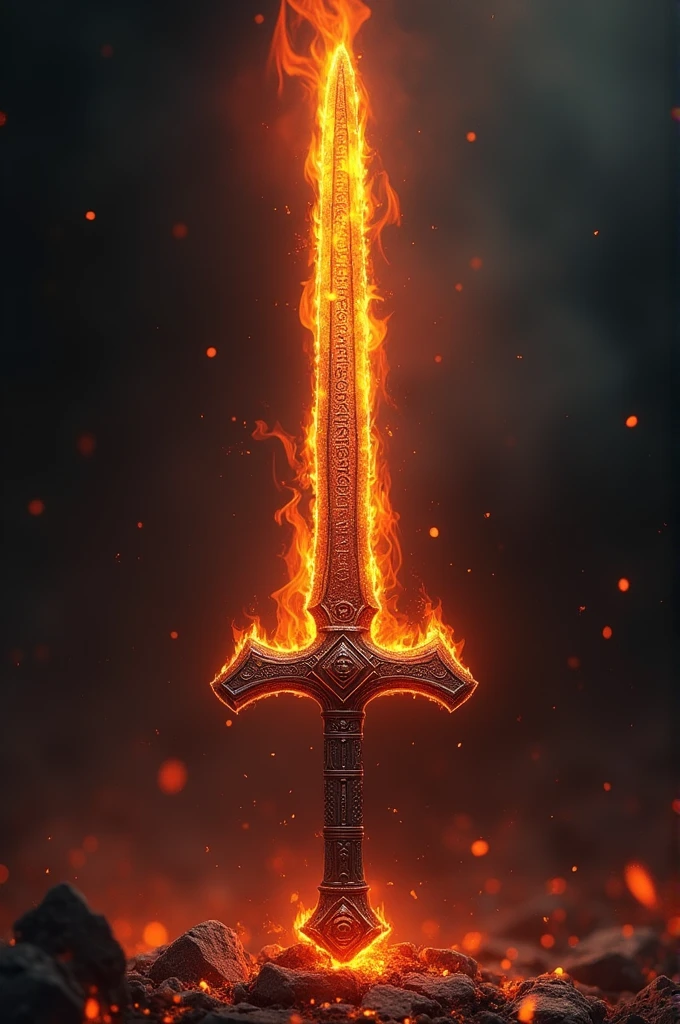 A detailed and epic sword with flames engulfing the blade. The hilt is ornate with ancient runes, glowing with a fiery orange hue. The flames should look intense and dynamic, as if they could burn anything they touch. The sword should have a dark, metallic finish with a slight red tint, reflecting the fire. The background should be dark, with glowing embers floating around, emphasizing the sword’s fiery power