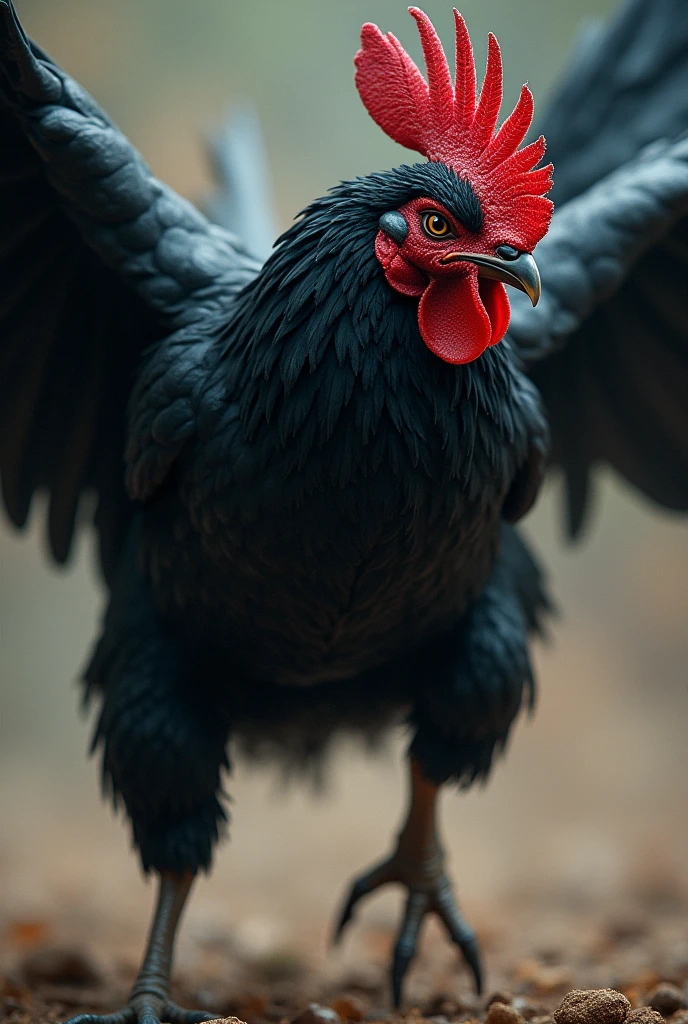 An image depicting a properly decrested fighting cock with jet black feathers, intense eyes and sharp beak, lunges forward in a ferocious attack. His muscles are tense and his wings are spread out., creating a sense of movement and power.