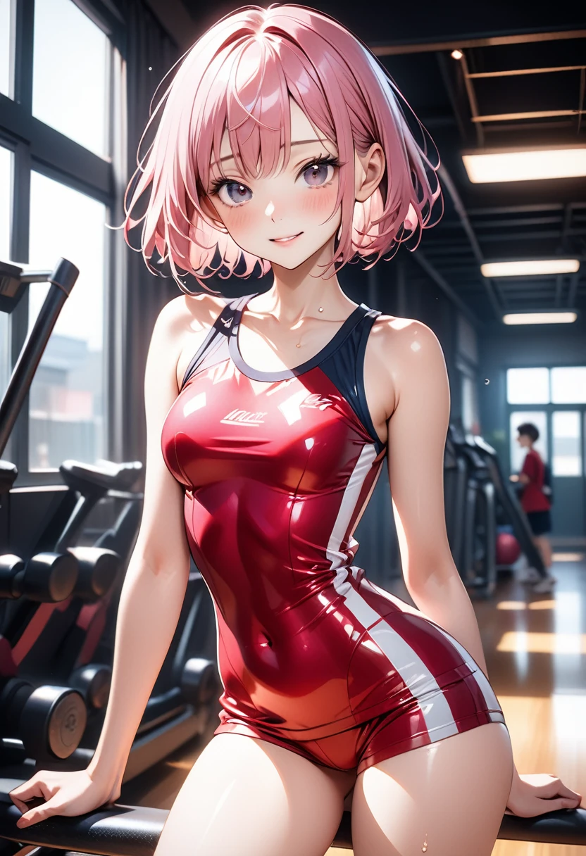 ((School gym clothes)), ((Shiny Costumes)), (skindentation), skinny, alone, solo, Masterpiece, highest quality, highest quality, 16K, incredibly absurd, highly detailed, 2.5D, ai-generated, delicate and dynamic, very delicate facial expressions, delicate eye depiction, erotic, only sexy woman, ((A cute and kind face)), healthy figure, ((1 woman)), 160cm tall, ((medium firm swaying bust)), medium breasts, (short hair), Straight Hair, (pink hair:1.5), bob cut, black eye, blush, Sweat,Embarrassed,sexy, ((thin thighs)), shiny and lustrous, facing straight at viewer, smile, ((standing)), ((arm at side)),, (camel toe:0.4), (visible nipples:0.8), (Erect nipples,:0.9),