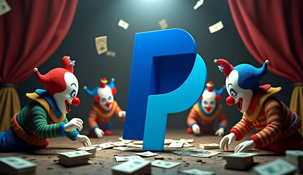 3D and realistic PayPal logo in a circus setting with clowns, money laundering and corruption