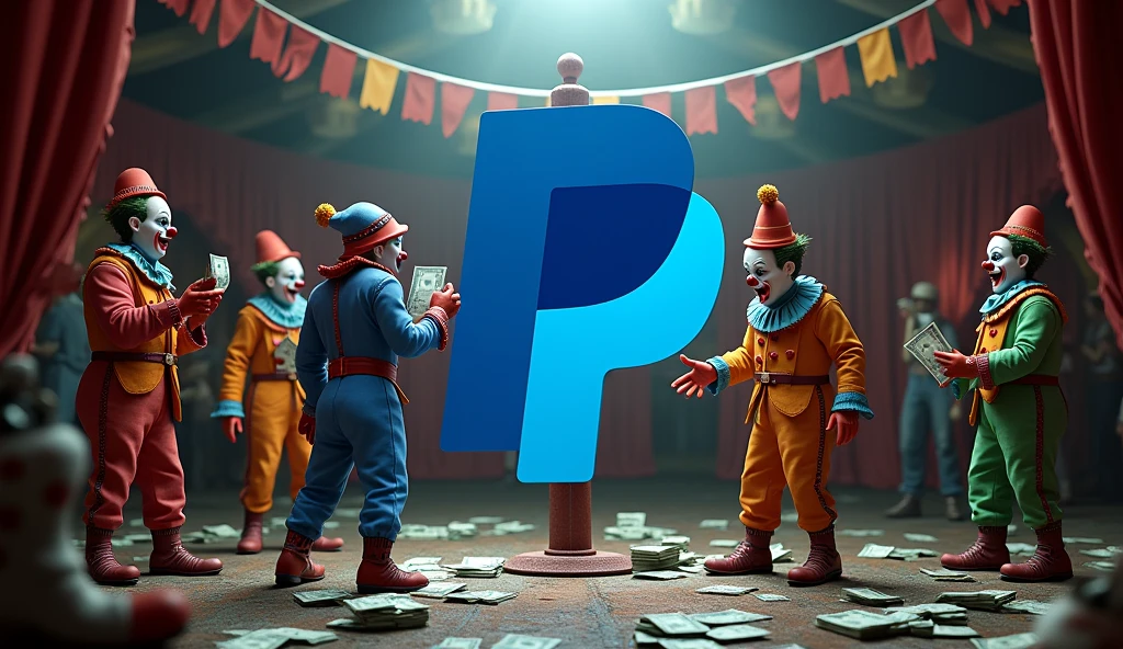 3D and realistic PayPal logo in a circus setting with clowns, money laundering and corruption