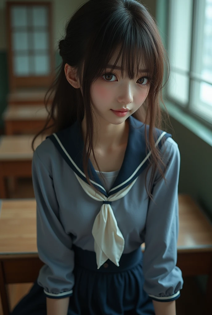 ((Beautiful Japanese girl:1.3)) ((School uniforms:1.4)) ((panty shot:1.5)) ((high school)),((dark blue skirt:1.3)) ((in the classroom:1.3)) ((delgado_fabric:1.4)) ((pose sexy al azar:1.3)) ((sweaty:1.5))((the face is blushing:1.4)) ((big breasts:1.4)) ((close up:1.2)) Best Quality,masterpiece,ultra high resolution,(photorealistic:1.4),raw photo,(Genuine leather texture:1.3),(film grain:1.3),panorama,character portrait,very wide shot,narrow waist,cowboy shot,(In the dark, deep shadow, low key, cold light,) evening,(()),tears running,,dust,Tyndall effect,(Expression),1 girl,beautiful detailed eyes and face,white jabot,Brown eyes,((Brown hair:1.2)) ((Whole body:1.3)) ((smile:1.3))