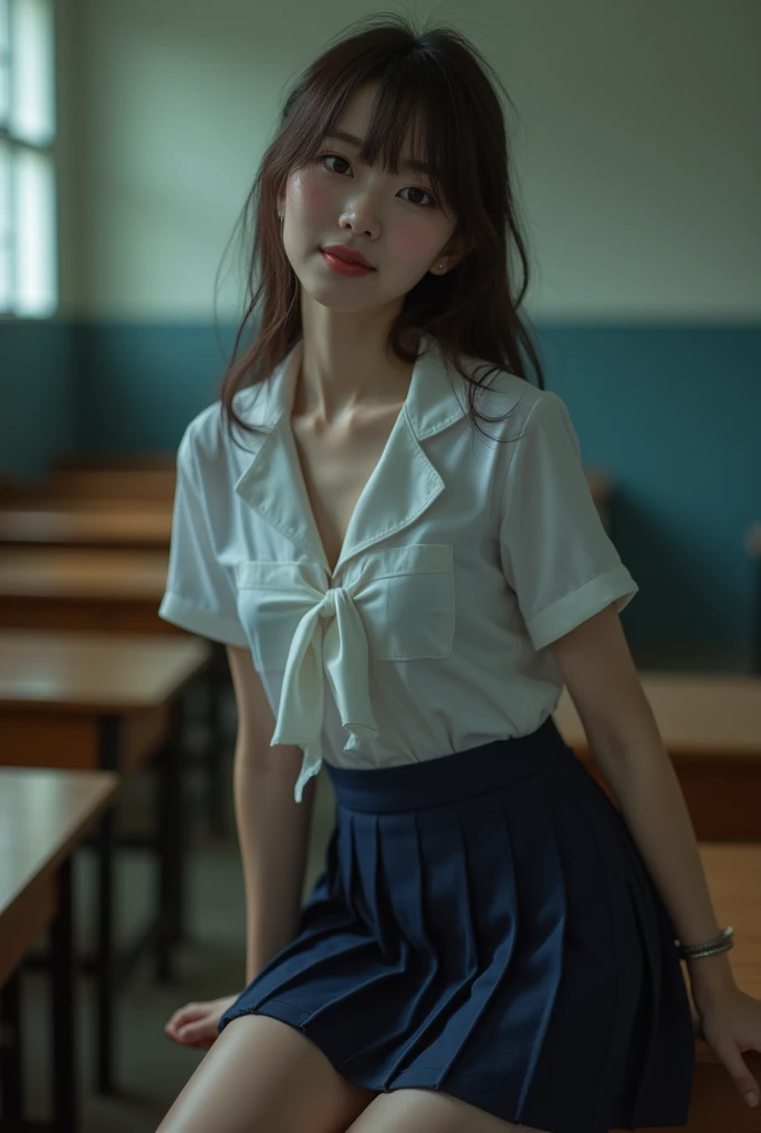 ((Beautiful Japanese girl:1.3)) ((School uniforms:1.4)) ((panty shot:1.5)) ((high school)),((dark blue skirt:1.3)) ((in the classroom:1.3)) ((delgado_fabric:1.4)) ((pose sexy al azar:1.3)) ((sweaty:1.5))((the face is blushing:1.4)) ((big breasts:1.4)) ((close up:1.2)) Best Quality,masterpiece,ultra high resolution,(photorealistic:1.4),raw photo,(Genuine leather texture:1.3),(film grain:1.3),panorama,character portrait,very wide shot,narrow waist,cowboy shot,(In the dark, deep shadow, low key, cold light,) evening,(()),tears running,,dust,Tyndall effect,(Expression),1 girl,beautiful detailed eyes and face,white jabot,Brown eyes,((Brown hair:1.2)) ((Whole body:1.3)) ((smile:1.3))